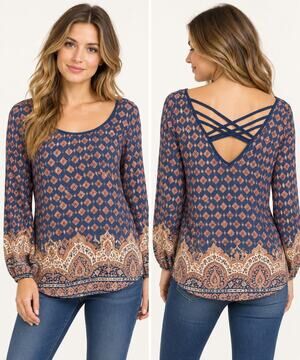 Miss Daisy Blue Boho Border Print Top S
